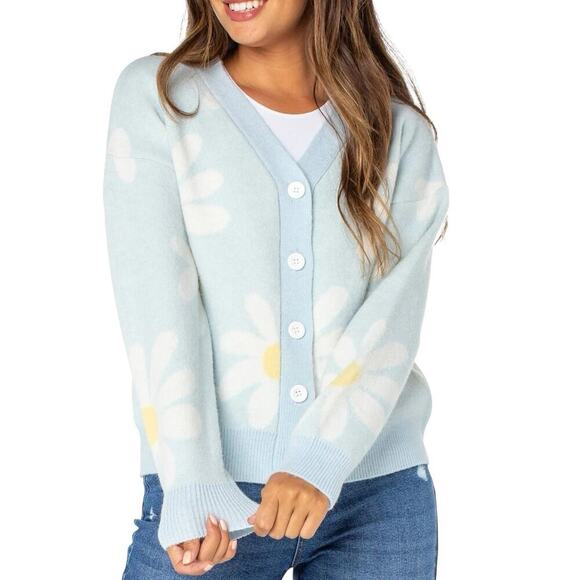 Blue Daisy Cardigan Soft Sweater Small Flower Whimsical Button Cottage Y2K - Picture 3 of 9